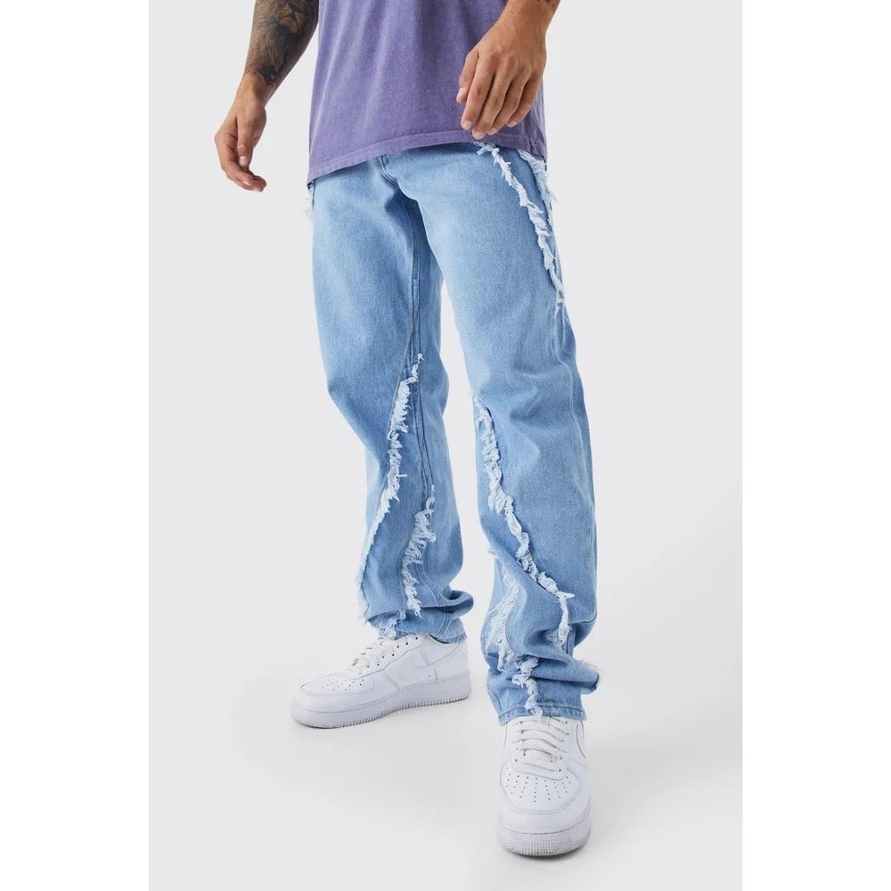 BoohooMAN Mens Relaxed Fit Frayed Edge Ice Blue Distressed Denim Jeans Size 32